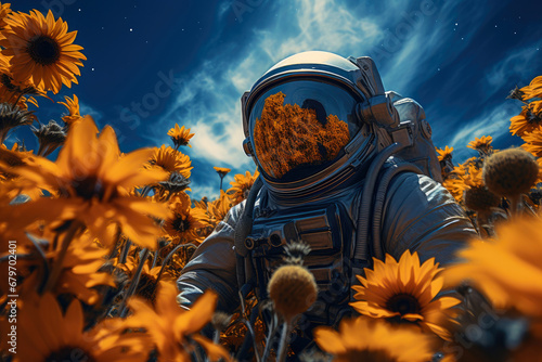 Astronaut's Serene Sunflower Encounter