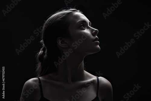 Beautiful portrait of half naked elegant woman with dark hair in bun putting head aside, isolated over