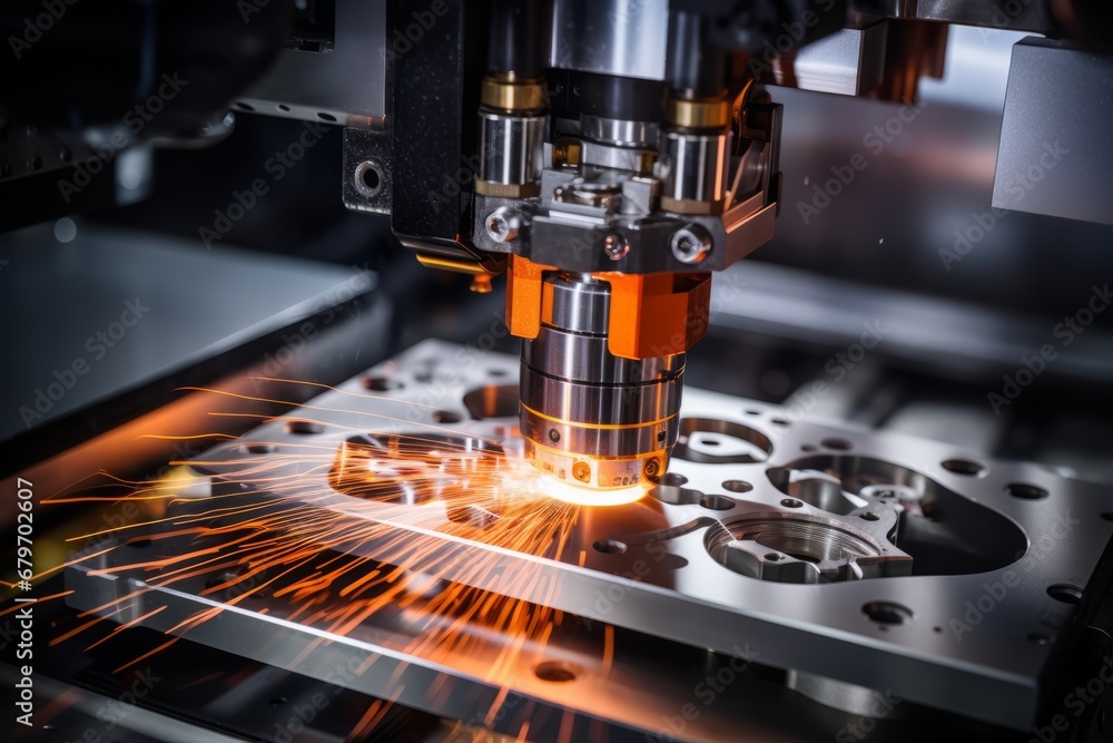 Close up of advanced precision engineered high tech metalworking laser cnc milling machine Close up of advanced precision engineered high tech metalworking laser cnc milling machine