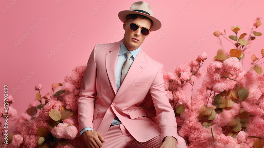 A stylish man in a business suit sits on a pink floral wall background. Spring fashion shopping banner mockup. - obrazy, fototapety, plakaty 