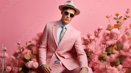A stylish man in a business suit sits on a pink floral wall background. Spring fashion shopping banner mockup. photo