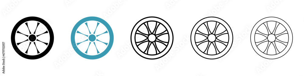 Car hubcap line icon set. Automobile alloy disk symbol. Truck tyre trim icon for UI designs.