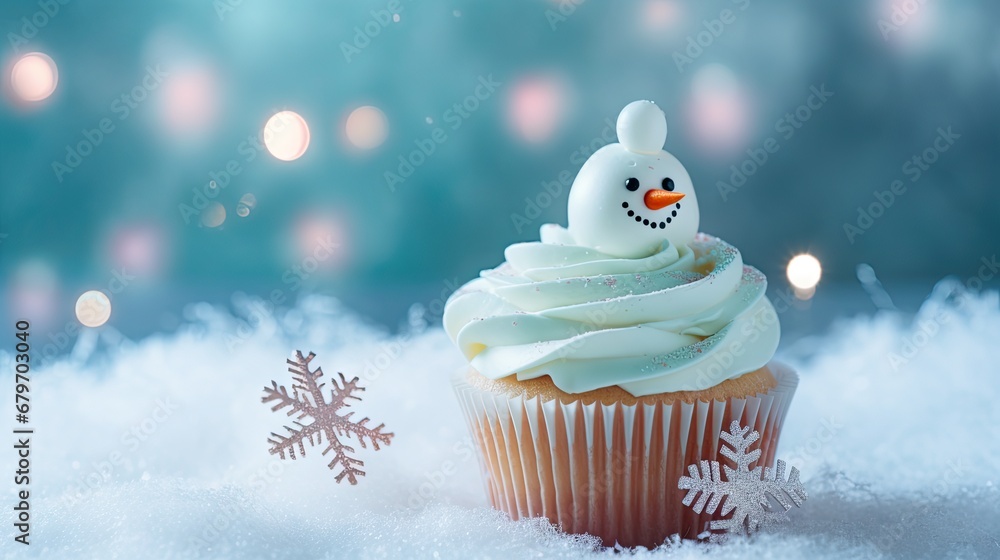 a frosted cupcake with a frosted snowman on top of it and a snowflake in the background. a frosted cupcake with a frosted snowman on top of it and a snowflake in the background.
