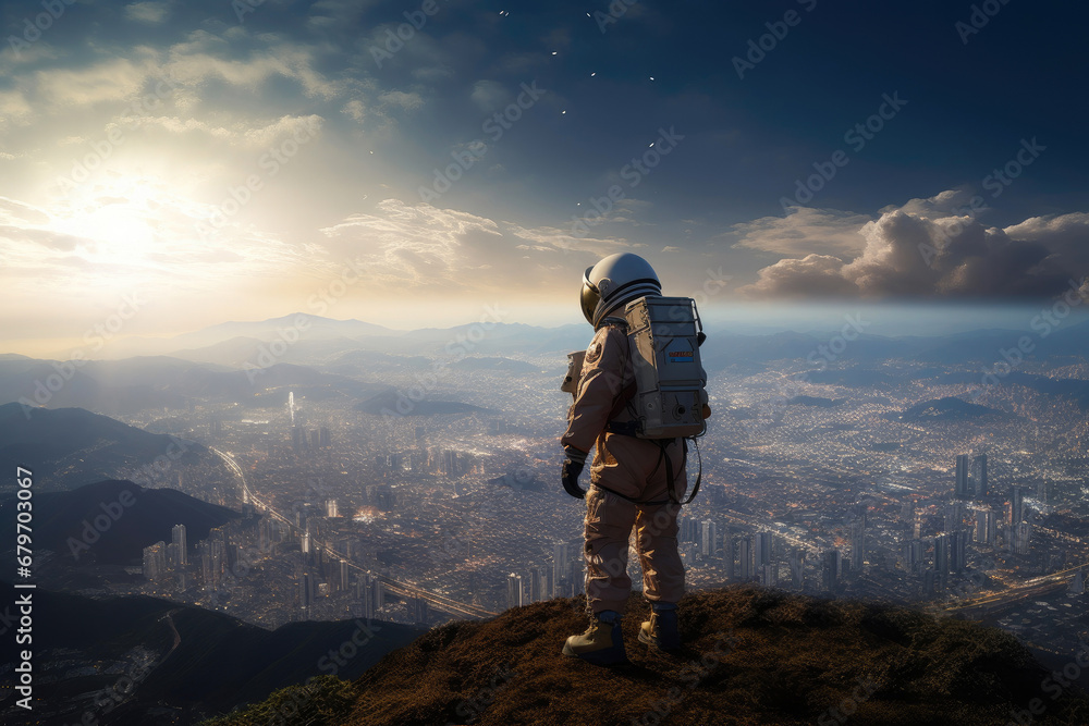 Futuristic Cityscape with Astronaut in Foreground