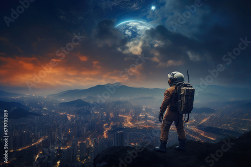 Space Explorer Overlooking Urban Horizon