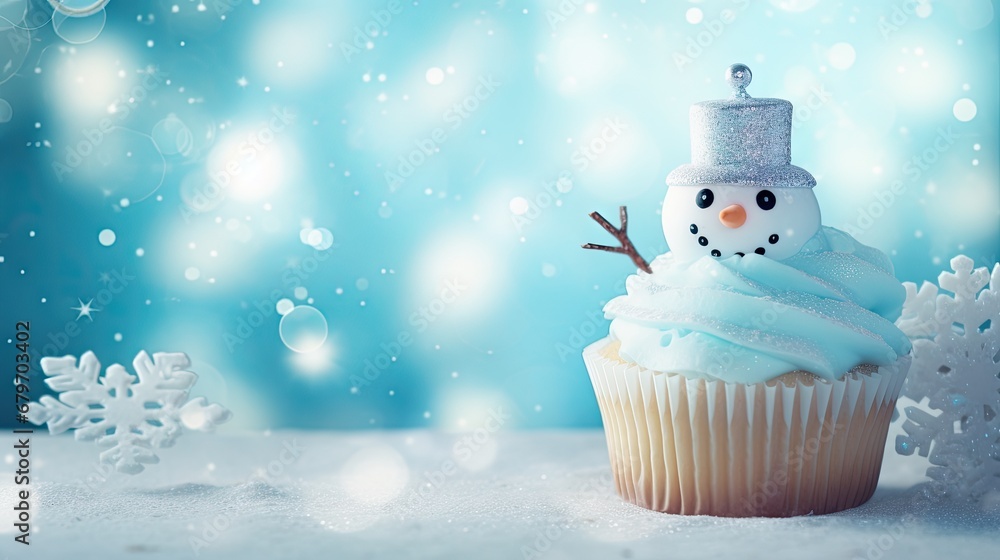 a cupcake with a frosting frosting and a frosted snowman on top on a blue background. a cupcake with a frosting frosting and a frosted snowman on top on a blue background.