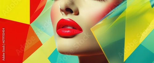 woman with bright red lips. abstract creative collage, pop art yellow pink light green copy space