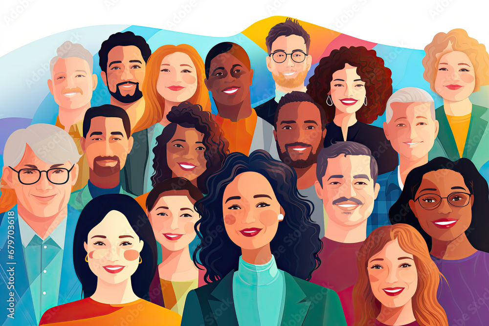 Selfie portrait of a cartoon group of office workers of different races and genders on a white background. Selfie portrait of a cartoon group of office workers of different races and genders on a white background.