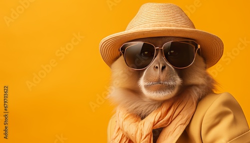 Monkey in sunglasses and hat, travel concept with pastel background and text placement. © Ilja