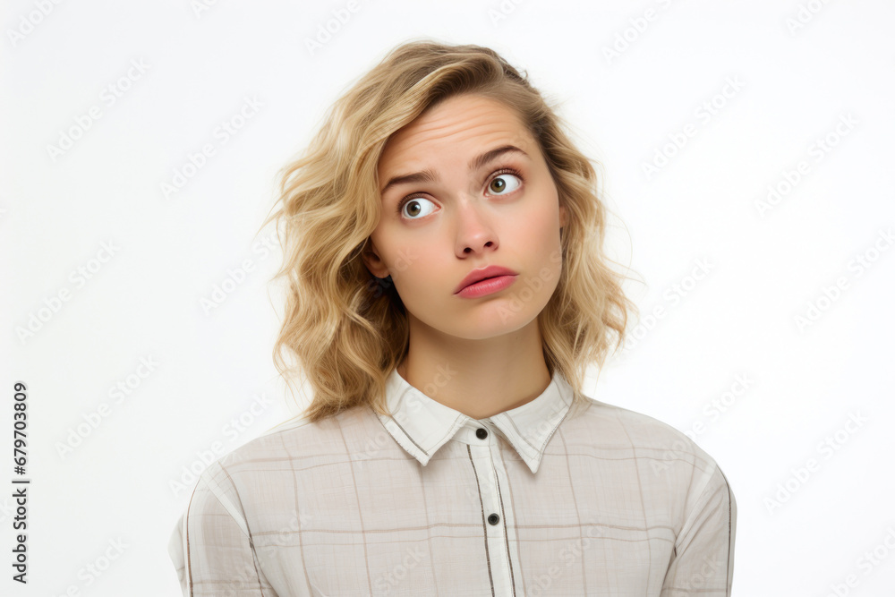 Charming Blonde Gazing Upward, Expressing Doubt Charming Blonde Gazing Upward, Expressing Doubt
