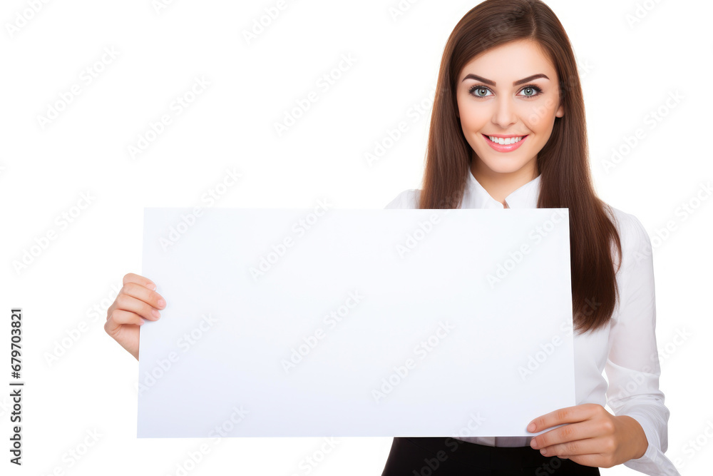 Cheerful Corporate Woman Presenting Blank Banner Cheerful Corporate Woman Presenting Blank Banner