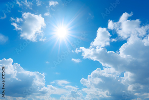 Aqua Aura: Sunlit Sky Canvas with Floating Clouds photo