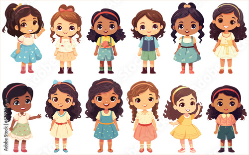 Girls standing in different action characters set,  Set of Happy girl characters, Set of elements for creating girl character