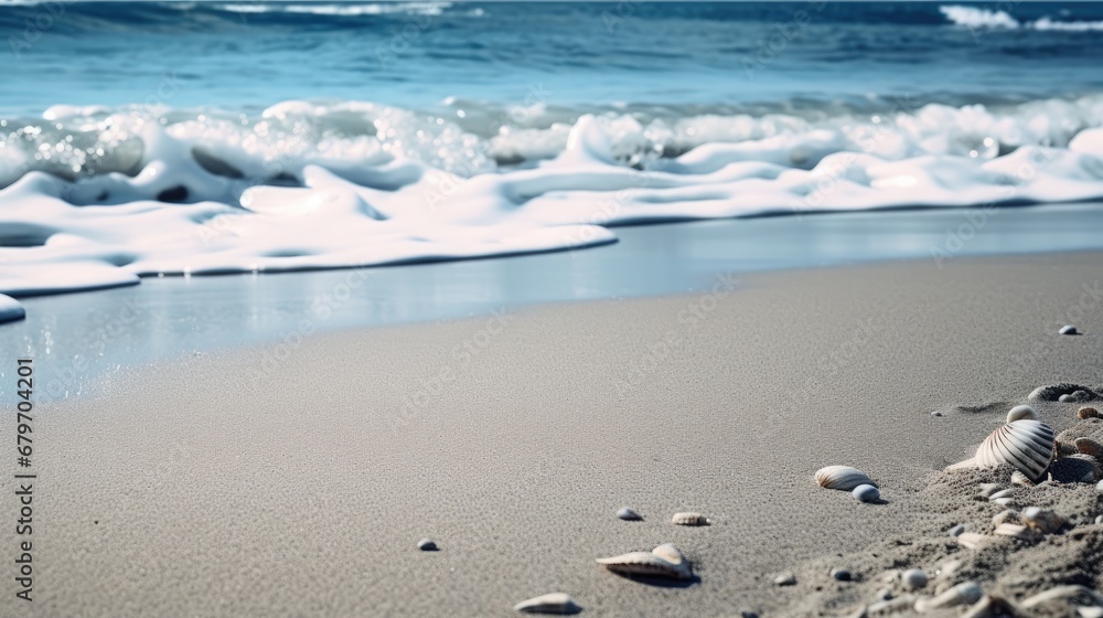 a close up of a beach with waves coming in and a shell on the sand and the ocean in the background. a close up of a beach with waves coming in and a shell on the sand and the ocean in the background.