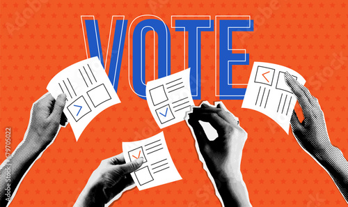 Voting concept. People's hands holding vote ballots in trendy halftone collage style. Vector dotted Cutouts magazines. 2024 president election concept, photo