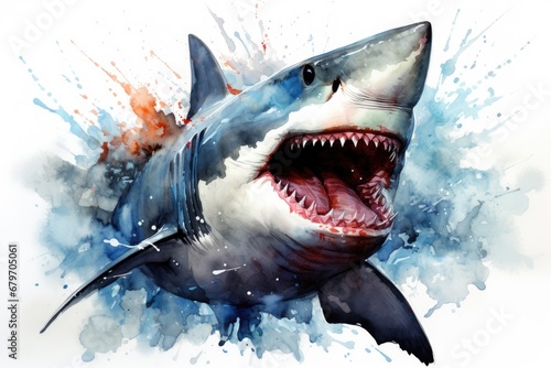 watercolor Shark Hungry shark illustration with splash watercolor textured background photo