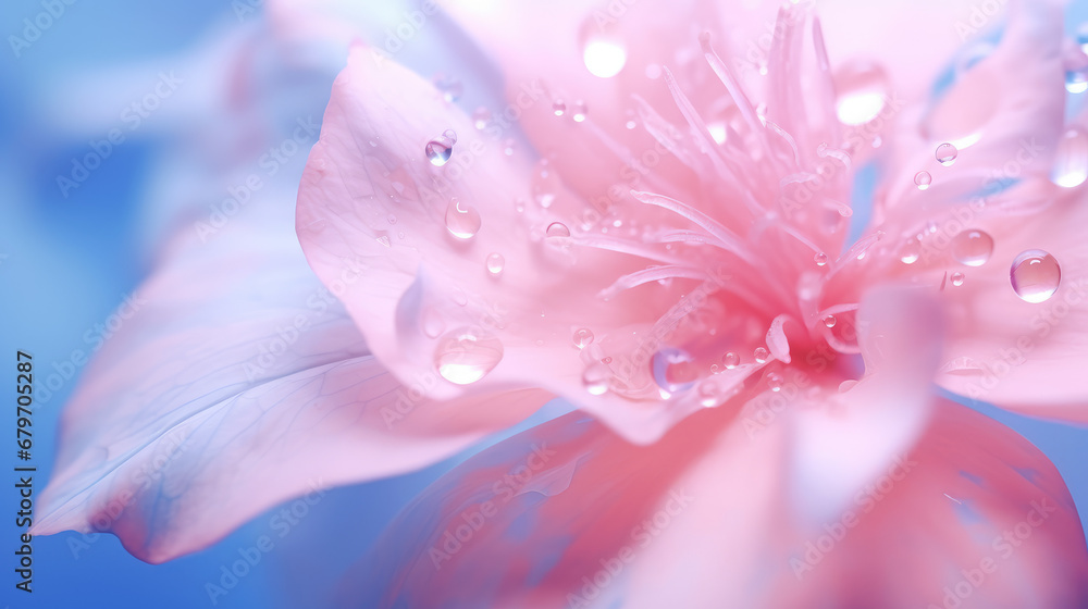 Fototapeta premium Macro close-up shot of flower petals with dewdrops. Beautiful flower with raindrops on the petal. Creative wallpaper, screensaver with charming flora. 