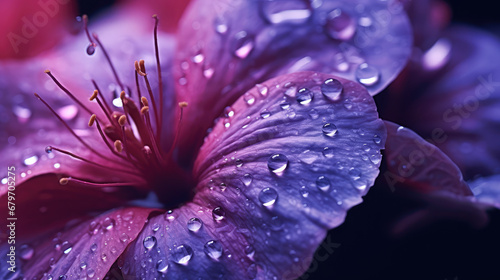 Macro close-up shot of purple flower petals with dewdrops. Beautiful flower with raindrops on the petal. Creative wallpaper, screensaver with charming flora.  photo