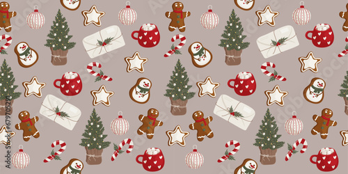 Seamless pattern. A cozy winter ornament with gingerbread, mugs, cups of tea, Christmas tree branches, snowflakes, New Year decoration. Vector graphics 