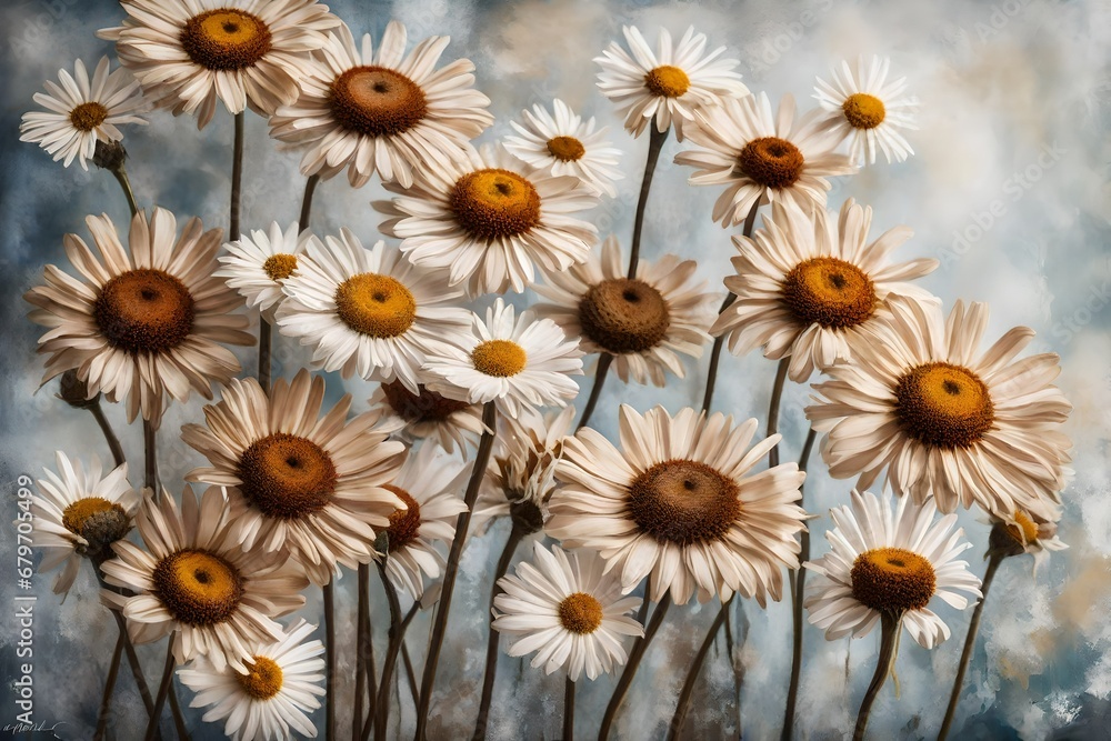 Obraz premium a closeup shot of a bouquet of dried daisies, bringing to life the whimsical, nostalgic quality of these everlasting blooms, highlighting their simplicity and enduring beauty.
