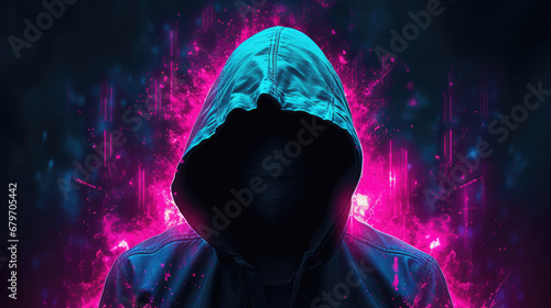 Man wearing a hood covering his face on a dark background with a colored neon glow. Creative concept of anonymity on the internet, vpn, depersonalization, hiding the identity of a hacker.  photo