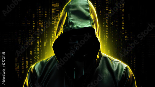 Man wearing a hood covering his face on a dark background with a colored yellow neon glow. Creative concept of anonymity on the internet, vpn, depersonalization, hiding the identity of a hacker. 