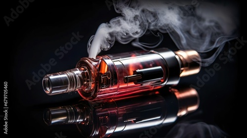 Disposable electronic cigarette with smoke on a dark background. Modern smoking, vaping and an alternative to nicotine. E-Cigarette unhealthy lifestyle..