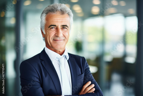 Middle age grey - haired man wearing business suit smiling confident in office.