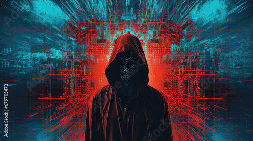 Man wearing a hood covering his face on a dark background with a colored neon glow. Creative concept of anonymity on the internet, vpn, depersonalization, hiding the identity of a hacker.  photo