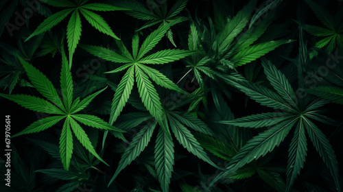 A backdrop of large cannabis leaves, arranged in a chaotic pattern photo
