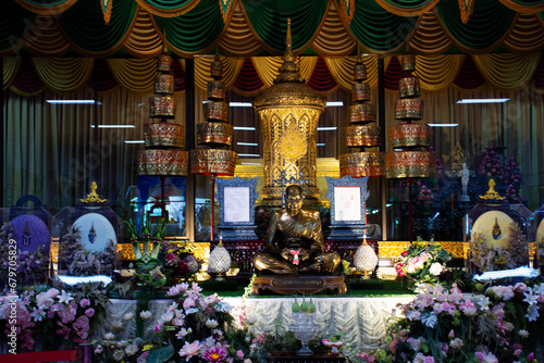 Phra Ratchasuthi Yan Mongkhon buddhist saint holy arhat or Luang Pho Charan Thitathammo buddhism arahant for thai people visit respect praying at Wat Amphawan on November 2, 2023 in Sing Buri Thailand photo