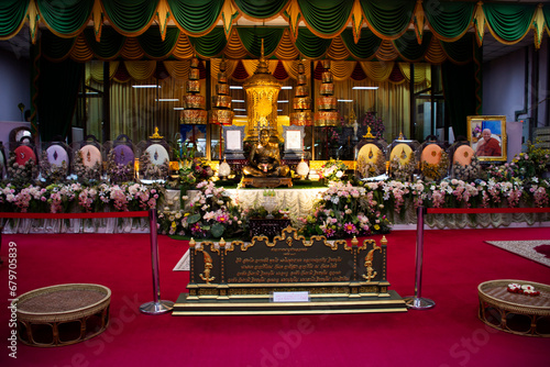 Phra Ratchasuthi Yan Mongkhon buddhist arhat or Luang Pho Charan Thitathammo uddhism noble monk arahant for thai people visit respect praying at Wat Amphawan on November 2, 2023 in Sing Buri, Thailand