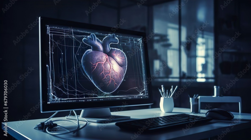 Fototapeta premium Heart model on doctor's computer in hospital or clinic. Diagnose treatment virtual human organ on modern interface screen. Healthcare medicine medical innovation technology. Patient consultation