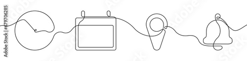 Clock, calendar, location marker, bell icon line continuous drawing vector. One line Web icons for notifications icon vector background. Work, time, geolocation sign icon. Continuous outline of a Busi