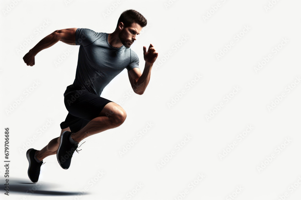 Enthusiastic male runner practicing running with determination isolated on white background.