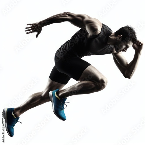 Enthusiastic male runner practicing running with determination isolated on white background.