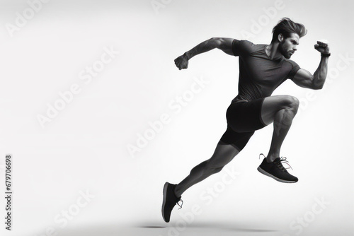 Enthusiastic male runner practicing running with determination isolated on white background.