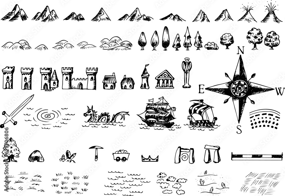 Fantasy medieval cartography map elements, vector, drawing symbols, line art illustration - obrazy, fototapety, plakaty 