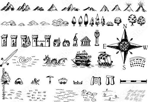 Fantasy medieval cartography map elements, vector, drawing symbols, line art illustration