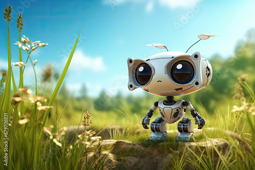 Small white robot lost in a summer field on a beautiful day, discovering the earth and exploring nature with curiosity