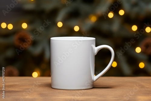 Autumn theme white coffee mug mockup  lights background with green 