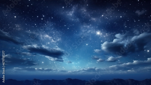 Stars in the night sky. Fluffy volumetric clouds at night against a dark blue sky with stars background. Background night sky with stars and clouds.