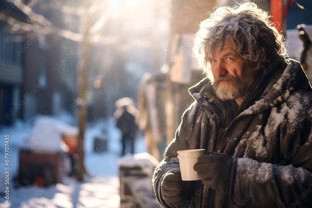 A bearded homeless man in a snowy city holding a cup, his jacket dusted with snow, exuding a sense of survival. A bearded homeless man in a snowy city holding a cup, his jacket dusted with snow, exuding a sense of survival.