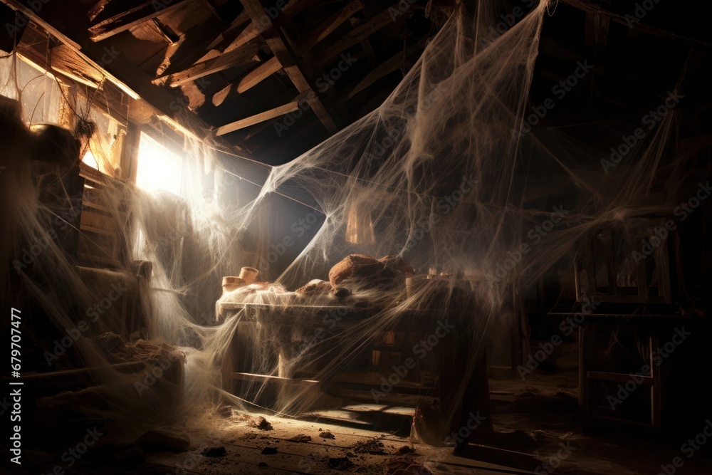 Obraz premium Cozy Room with a Dreamy Bed and Spooky Attic Cobwebs Generative AI