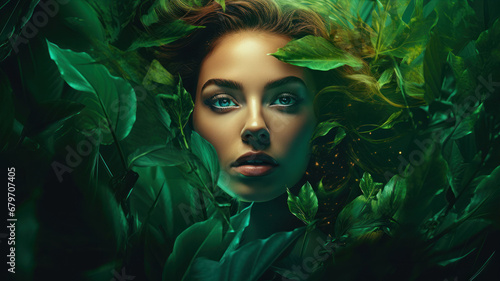 Fantasy portrait of a beautiful woman surrounded by green leaves. Beauty, fashion.