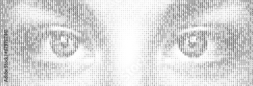 Halftone letter binary code pattern forming a pair of eyes. black letters on white. Coding language symbols forming a human form. Artificial intelligence technology futuristic background.
