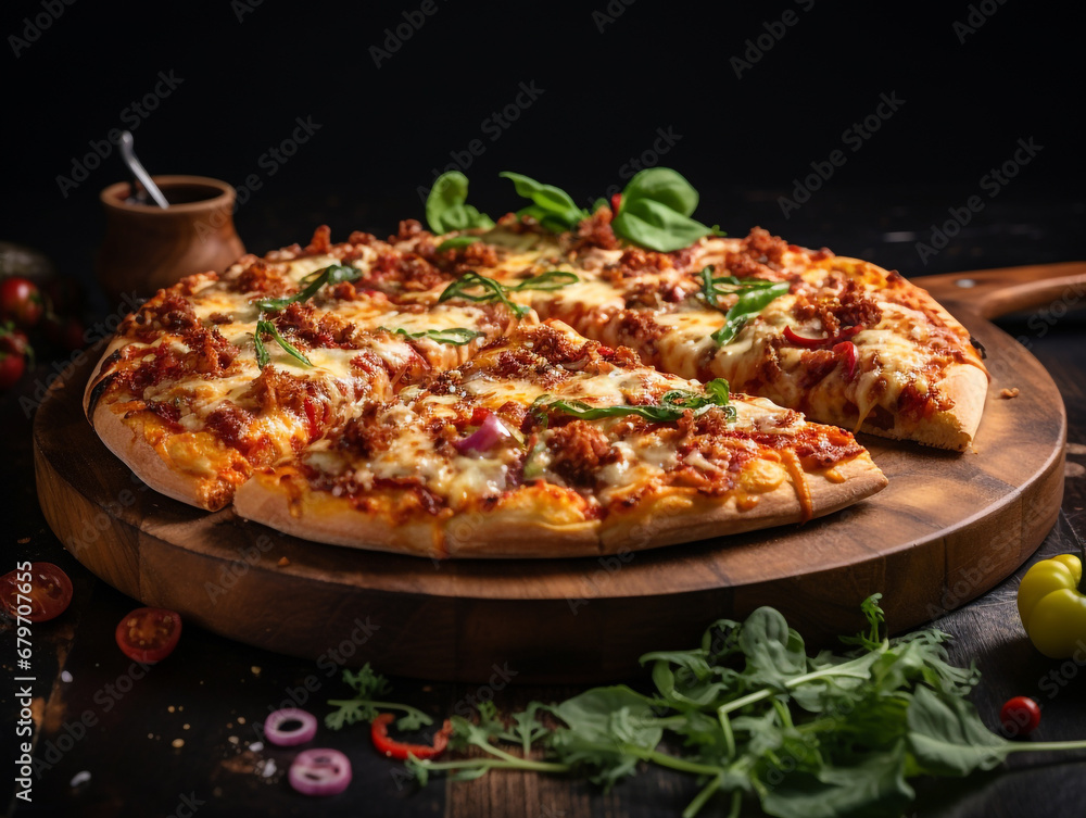 14-inch delicious pizza on wooden plate on bokeh background. 14-inch delicious pizza on wooden plate on bokeh background.