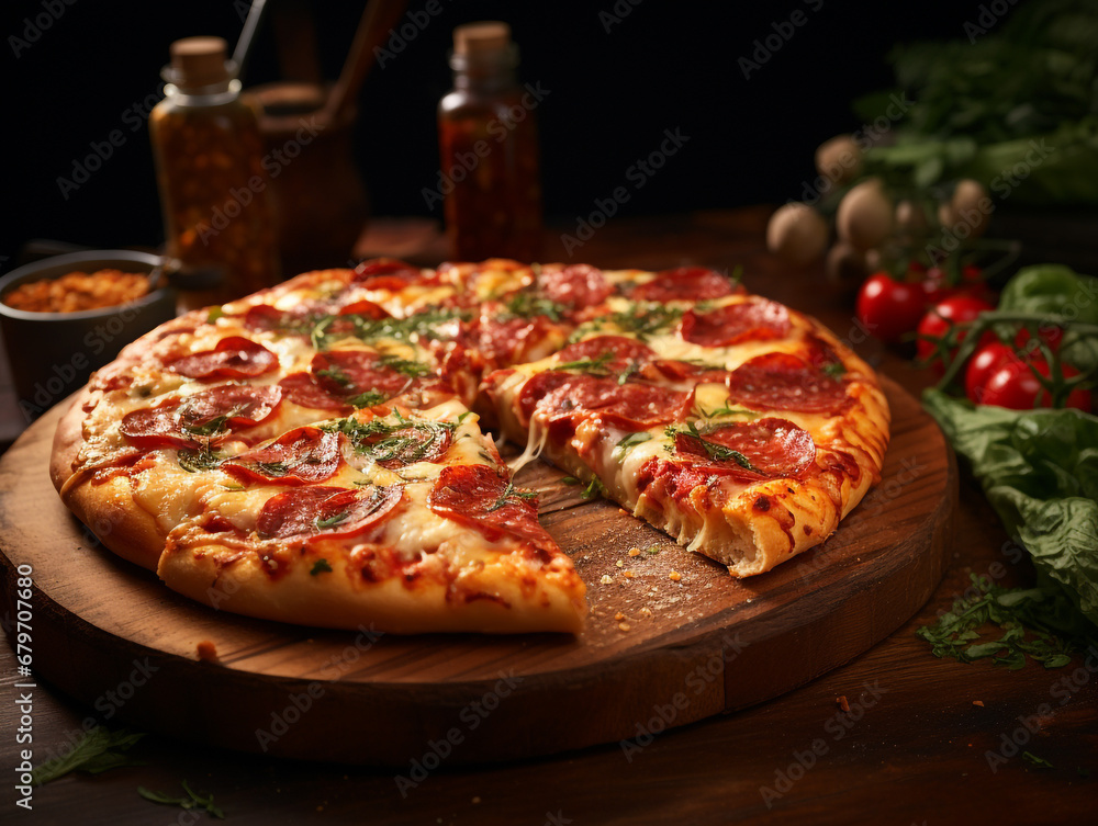 14-inch delicious pizza on wooden plate on bokeh background. 14-inch delicious pizza on wooden plate on bokeh background.