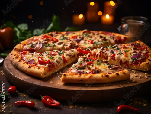 14-inch delicious pizza on wooden plate on bokeh background. 