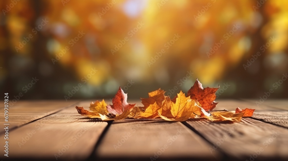 Beautiful maple leaves in autumn sunny day in foreground and bokeh blurry background